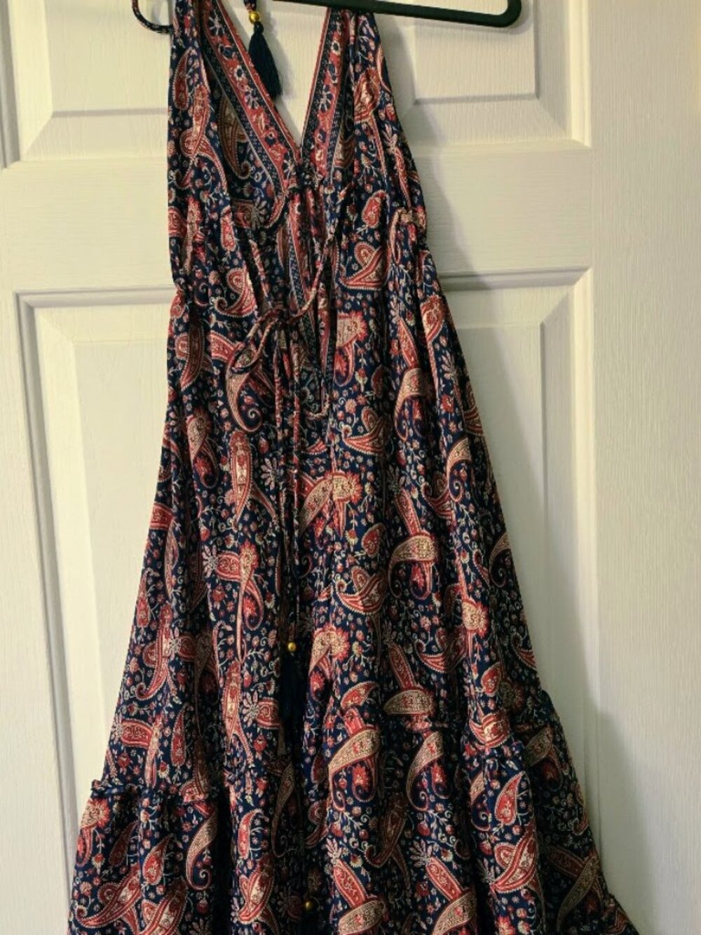 Rhea Boho Paisley Halter Dress NWT One Size Tassel Tie Back Flowing Midi